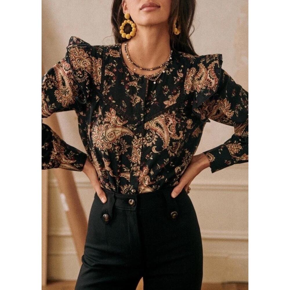 NWT SEZANE Meadow Floral Blouse Black Multi 34 2